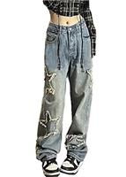 DINGJIUYAN Vintage Star Jeans Women Pocket Wide Leg Straight Denim Pants Women Y2k Streetwear Casual Trousers Jeans