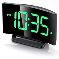 Digital Alarm Clock for Bedrooms, Digital Clock with Modern Curved Design, Conspicuous Blue LED Numbers, 5 Levels Brightness+Off, 2 Volume, 3 Alarm Tones, Snooze, Power-Off Memory, 12/24H Clock