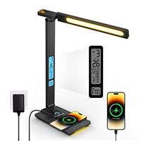 LED Desk Lamp with Wireless Charger - USB Charging Port, Touch Sliding Dimmable Auto Timer Table Lamp with Night Light, Desk Lights with Clock for Study Reading Home Office White