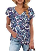 WNEEDU Women Summer Tops Petal Short Sleeve V Neck T Shirts Casual Basic Top