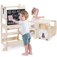 Kids Step Stool, Kitchen Stool Helper for Toddlers, Learning Wooden Tower with Chalkboard, Foldable Toddler Table and Chair Set, 2 in 1 Helper Standing Tower with Message Boards for 18M+