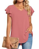 TAOHUADAO Womens Casual T-Shirts V Neck Chiffon Blouse Ruffle Sleeve Summer Tops