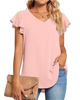 TAOHUADAO Womens Casual T-Shirts V Neck Chiffon Blouse Ruffle Sleeve Summer Tops