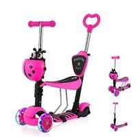 YOLEO 5-in-1 Kids Scooter with Removable Seat, LED Flashing Wheels Height Adjustable 3 Wheels Kick Scooter with Push Handle for Toddlers, Boys and Girls from 2 Years