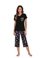 Famulily Pajamas Women Cotton Comfy Pajamas, Ladies Pyjamas Set Floral Printing Short Sleeve Loungewear Top and Wide Leg Pants Cropped Trousers Soft Nightwear Sleepwear S-XXL