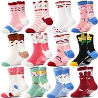 Welwoos 12 Pairs Baby Girls Toddlers Grips Socks Non Slip Funny Animal Cartoon Cosy Breathable Cotton Anit Skid Socks
