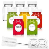 8pcs 2oz Glass Juice Bottles with Lids and Labels, Reusable Small Clear Jar for Juice, Ginger, Wellness Shot, Sample, Travel Portable Mini Bottles with Wide Mouth, Leakproof, Dishwasher Safe