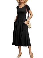 GRECERELLE Womens Summer Maxi Dress Casual Short Sleeve Crew Neck Swing Dress Flowy Tiered Party Dress with Pockets for Weddings, Holidays
