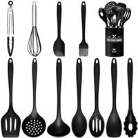 Silicone Kitchen Utensils Set - 12pcs Cooking Utensils Set with Holder, BPA Free Food Grade Non Stick Coating Silicone Spatulas Kitchen Utensils, Heat Resistant & Easy Clean, Black