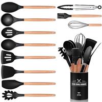 12 PCS Kitchen Utensil Set, Silicone Cooking Utensils with Holder, Natural Wooden Handle Cookware Tongs Spatula Spoon Set, Non Stick & Heat Resistant, Dishwasher Safe