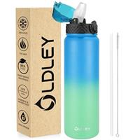 OLDLEY Stainless Steel Water Bottle with Straw 1L Vaccum Insulated Large Drink Flask 1 litre Metal Water Bottles Leakproof Keep Drinks Hot Cold for Sports Gym Bike Camping Travel with Different Lids
