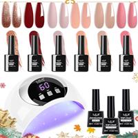 Gel Nail Kit - 6 Color Gel Polishes, UV Lamp, Glossy & Matte Top & Base Coat, Pink, Gray, White - DIY Nail Art Set