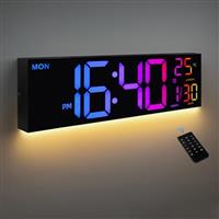 HAITANG 8 Colors Digital Wall Clock, 16.2" Large Digital Clock with Temperature, Date, Auto DST, Night Light, Auto Brightness Dimmer, 24/12-hour Wall Clock for Living Room Office Classroom Gym
