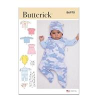 BUTTERICK B6970A Infants' Jacket, Tops, Dress, Rompers, Diaper Cover and Hat A (XXS-XS-S-M-L)