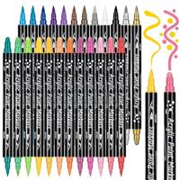 AOSUCO Acrylic Paint Pens Dual Tip for Rock Painting, Wood, Pebbles, Glass, Ceramic, Stones, Fabric, Canvas, Craft - Waterproof Brush Marker Set