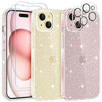 YIRSUR Glitter Clear Case Compatible with iPhone 15 with 2 Pack Screen Protector with 2 Pack Camera Lens Protector, Soft TPU Bumper Anti-Scratch Shockproof Transparent Sparkly Cover for iPhone 15