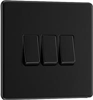 BG Electrical Triple Wall Light Switch, 2 Way, Screwless Front Plate, Slim Profile, Premium Flatplate, Matt Black, 20A, 16AX, FFB43