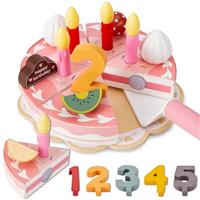 HERSITY Wooden Birthday Cake Toy Cutting Food Pretend Play Kitchen for Toddlers, Afternoon Tea Set Gifts for 3 4 5 Years Old
