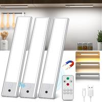 Under Cabinet Kitchen Lights with Remote Control, Motion Sensor Lights Indoor 3 Pack 31CM Rechargeable Light 3 Color Temperature Wireless Lights 2500mAH Battery Lights for Kitchen, Wardrobe, Cupboard