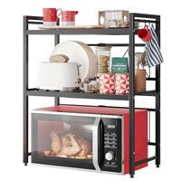 NETEL Expandable Microwave Oven Rack, 2 Tier Metal Microwave Shelf Stand, Desktop Printer Shelf Rack, Baker's Rack Kitchen Counter Shelf Organiser with 8 Hooks, Heavy Load 25KG, Width 40-60cm