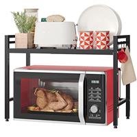 NETEL Expandable Microwave Oven Rack, 2 Tier Metal Microwave Shelf Stand, Desktop Printer Shelf Rack, Baker's Rack Kitchen Counter Shelf Organiser with 8 Hooks, Heavy Load 25KG, Width 40-60cm