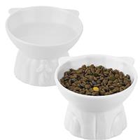 Ceramic Elevated Cat Bowls - 2 Extra Wide Raised Bowls for Food and Water, Shallow Cat Dish Whisker Friendly, Anti Vomit, Microwave and Dishwasher Safe, Great Height