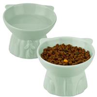 Ceramic Elevated Cat Bowls - 2 Extra Wide Raised Bowls for Food and Water, Shallow Cat Dish Whisker Friendly, Anti Vomit, Microwave and Dishwasher Safe, Great Height