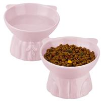 Ceramic Elevated Cat Bowls - 2 Extra Wide Raised Bowls for Food and Water, Shallow Cat Dish Whisker Friendly, Anti Vomit, Microwave and Dishwasher Safe, Great Height