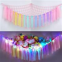 MHJY Toy Hammock Stuffed Animals Storage Net Soft Cuddly Toys Large Corner Hanging Net With LED Light Hand Woven Plush Macrame Organizer with Tassel for Kids Bedroom Nursery