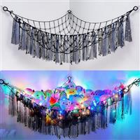 MHJY Toy Hammock Stuffed Animals Storage Net Soft Cuddly Toys Large Corner Hanging Net With LED Light Hand Woven Plush Macrame Organizer with Tassel for Kids Bedroom Nursery