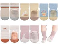 Exemaba Baby Socks with Grips for Girls Boys 5 Pairs Cute Animal Cartoon Toddler Kids Anti-Slip Socks