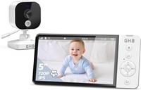 GHB Baby Monitor with Camera and Night Vision 5'' 720P HD 5000mAh Video Baby Monitor Camera IPS Screen, VOX Mode, 2-Way Audio, Temperature Alert, 8 Lullabies