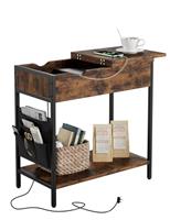 Nicehill Side Table with Charging Station, Narrow End Table with USB Ports, Outlets, Fabric Bags, Storage Shelf, Narrow Bedside Table for Small Rooms, Bedroom, Living Room, Light Wood Grain