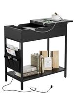 Nicehill Side Table with Charging Station, Narrow End Table with USB Ports, Outlets, Fabric Bags, Storage Shelf, Narrow Bedside Table for Small Rooms, Bedroom, Living Room, Light Wood Grain