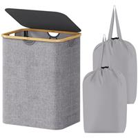 Lifewit Laundry Hamper with lid - Large Laundry Basket with Bamboo Handles, Portable Clothes Hamper for Dorm Room, Bathroom, Bedroom, Grey foldable Hamper for Toys, closet, Clothing