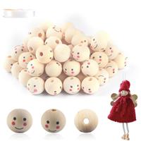 70PCS 20mm Natural Wooden Beads with Faces for Stringing, Na