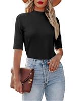 Dressmine Womens Mock Turtle Neck Dressy Casual Fall Cute Tops Slim Fitted Half Sleeve Cute Plain T Shirt
