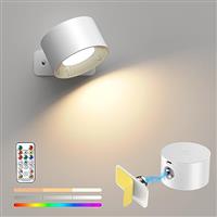 Mexllex Battery Operated Wall Light with 16 RGB Lights, Rechargeable Wall Lamp with Remote Control, 360 Rotatable Wall Sconce Wireless Reading Light, Magnetic Bedside Wall Lamp, White