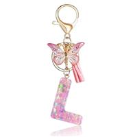 Fmeida Initial Letter Keychains for Women Pink Key Ring with Tassel & Butterfly Charm