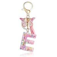 Fmeida Initial Letter Keychains for Women Pink Key Ring with Tassel & Butterfly Charm