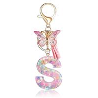 Fmeida Initial Letter Keychains for Women Pink Key Ring with Tassel & Butterfly Charm