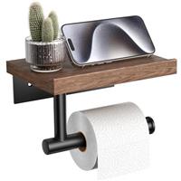Tindbea Toilet Paper Holder with Wood Shelf, Wooden Wall Mount Tissue Paper Roll Holder, Matte Black Stainless Steel Bathroom Accessories Decor