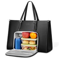 MATEIN Laptop Bags for Women with Insulated Leakproof Lunch Compartment, 15.6 Inch PU Leather Briefcase, Laptop Tote Work Bag with an Adjustable Handle, Designer handbag for School, Office, Black