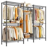 REIBII Clothes Rail Heavy Duty, Metal Clothes Rack with Shelves and Hanging Rails for Garments, Portable Open Wardrobe for Bedroom Walk-in Closet Garage, 195H x 190W x 45D cm, Black