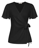 GRACE KARIN Women's Tops Ruffle Short Sleeve V-Neck Tie Wrap Tunic Tops Casual Loose Summer Blouses for Ladies