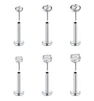 FECTAS 6pcs Threadless Push-in Cartilage Tragus Helix Piercing Jewellery Flat Back Stud Earrings Stainless Steel 16G 6mm 8mm 10mm Lip Bars Labret Stud Lip Ear Medusa Piercing 2mm 3mm 4mm CZ