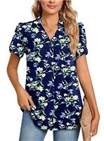 POPYOUNG Ladies Tops Chiffon Blouse Business Tunic Petal Short Sleeve Office Shirts for Work