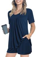 POPYOUNG Women's Summer Two Piece Pajama Sets, Pleated Short Sleeves with comfy Short Pants, Lounge Sleepwear Ladies Pjs Sets with Pockets