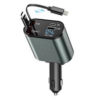 LUOCAI 120W Retractable Car Charger 4 in 1 Car Charger Adapter with Retractable Cables and Voltage Display, for 12V / 24V Vehicles, Compatible with i-P-hone, Android, Samsung Galaxy