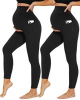 DDOBB 2 Pack Maternity Leggings Over Bump with Pockets High Waist Black Soft Belly Support Stretchy Pregnancy Pants Yoga Workout Pajama Trousers